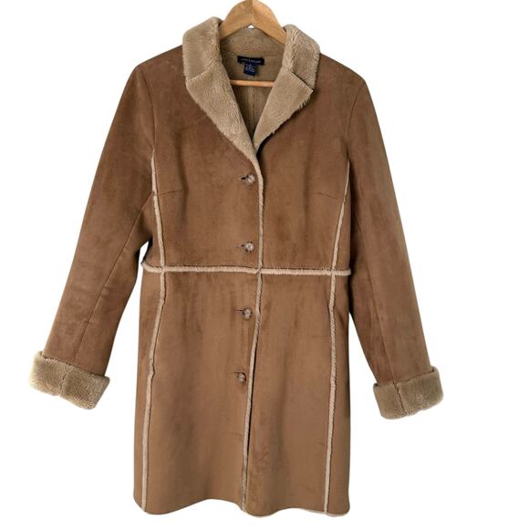 Ann Taylor Faux Suede Shearling Mid-Length Coat Button Front in Tan, Size Small - Picture 1 of 11